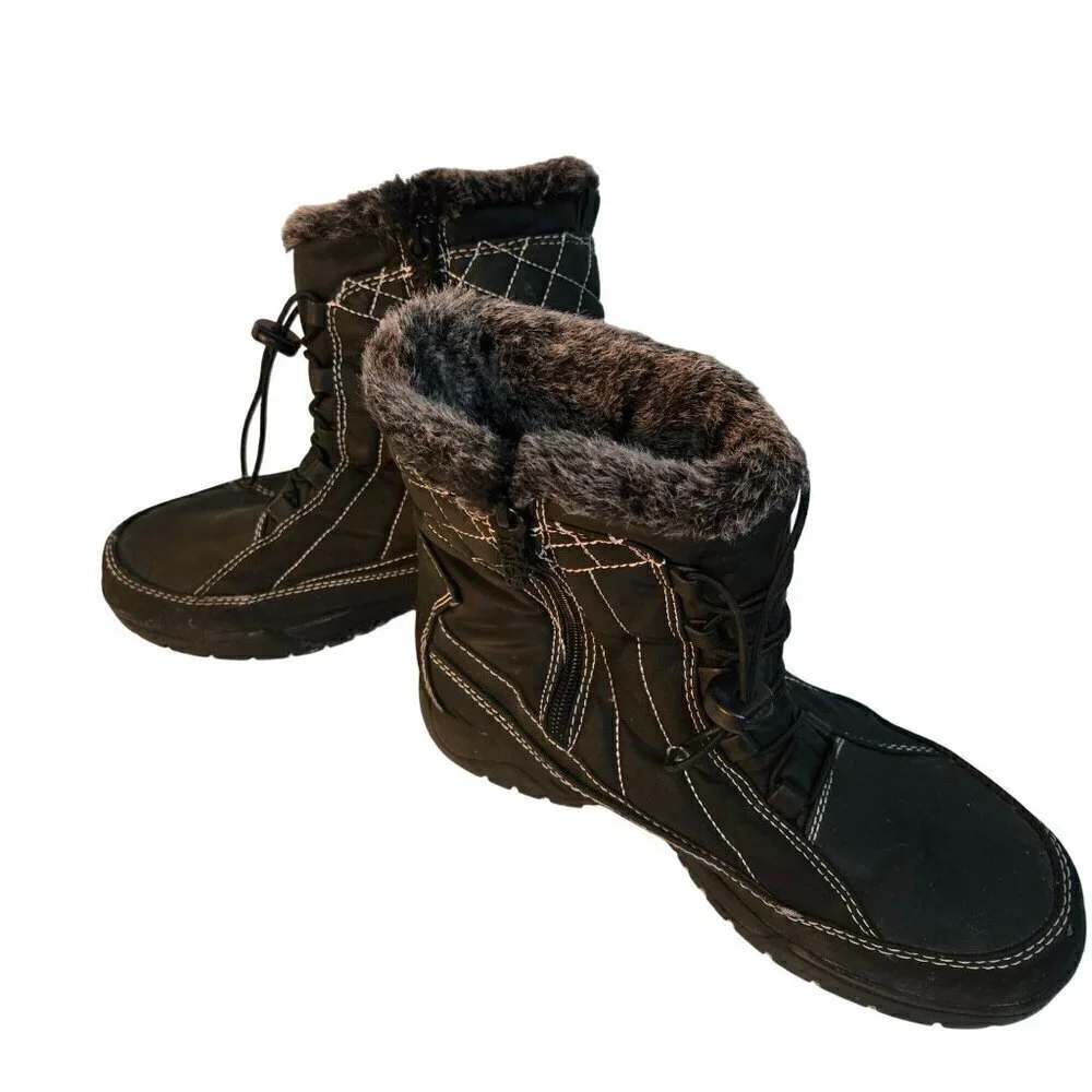 Totes Eve Winter Snow Boot Black Quilted Faux Fur Trim Size 8